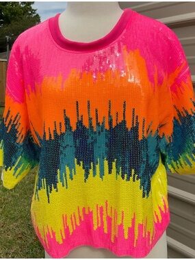 Vibrant Sequin Gradient Sweatshirt - Neon Pink, Orange, Yellow, Teal, Navy